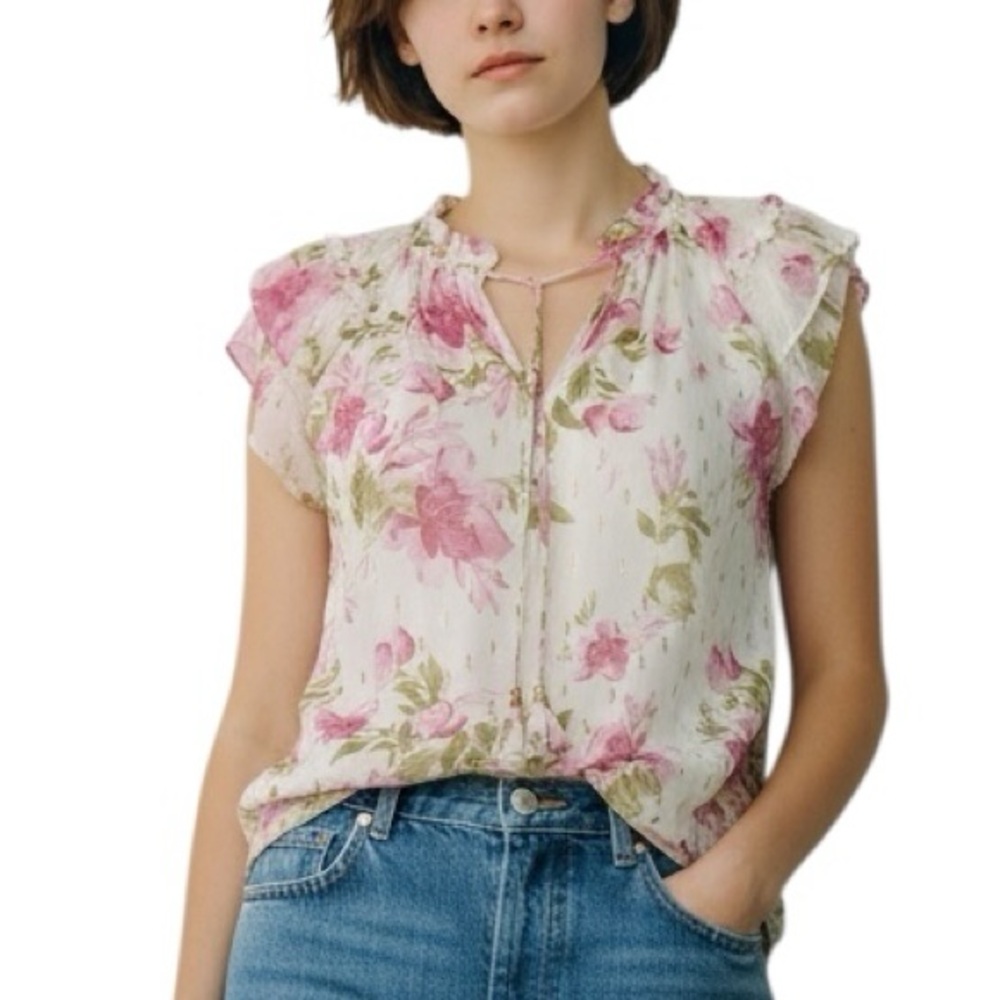 AUTRES FILLES Blouse Pink White Floral Semi-Sheer Double Layer Size XS